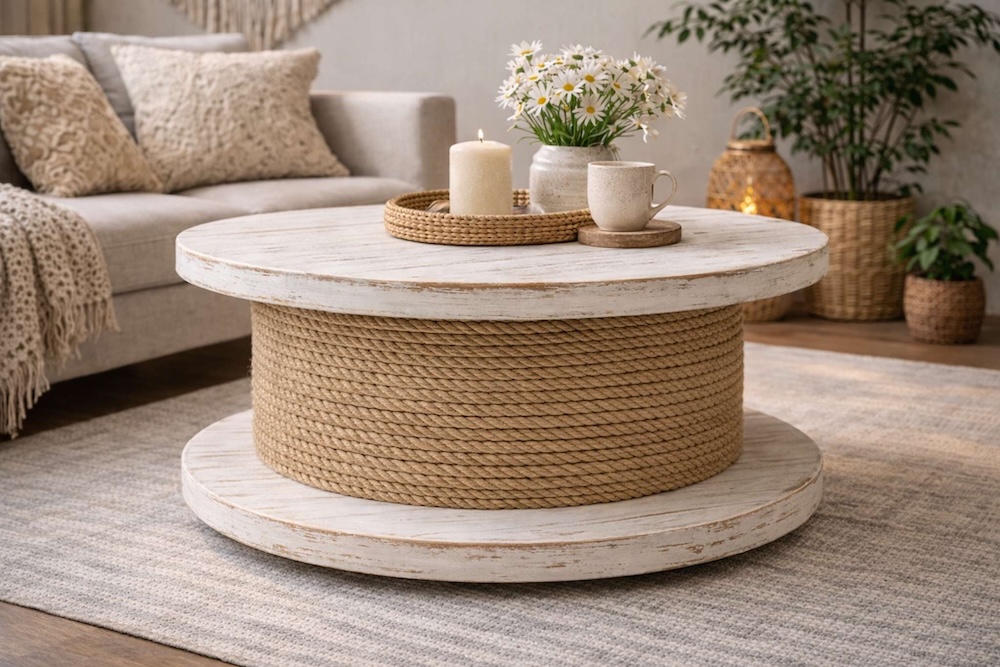 stolik zrobiony ze szpuli ze sznurem 