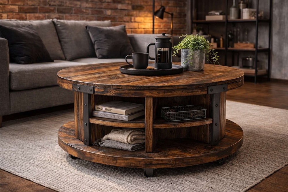 stolik z ciemnego drewna zrobiony ze szpuli 