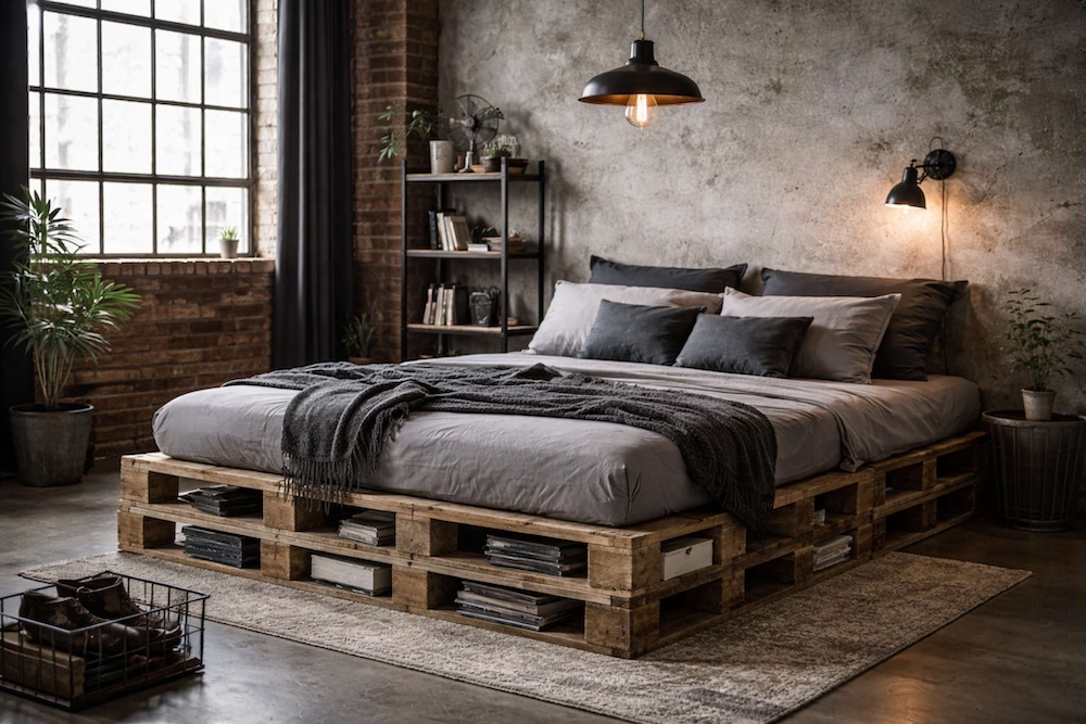 surowa industrialna sypialnia z łóżkiem z palet 