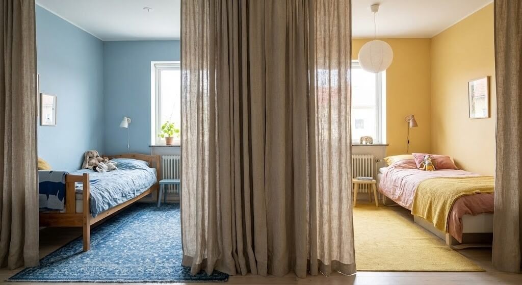 użycie zasłon jako ściana w pokoju rodzeństwa