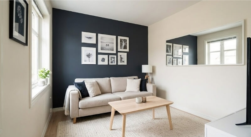 jak urządzić mały salon ze ścianą w innym kolorze
