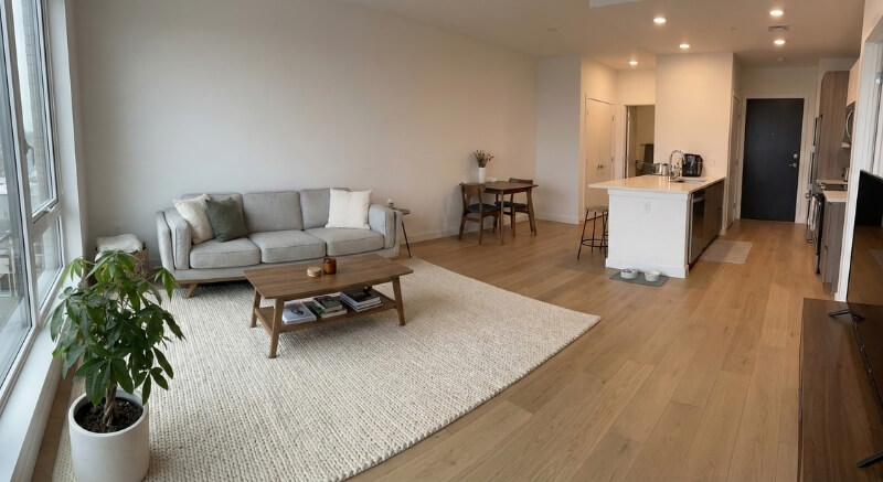 jak urządzić mały salon z wykorzystaniem dużego dywanu