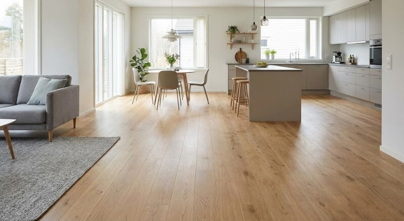 jednakowa podłoga do salonu i kuchni