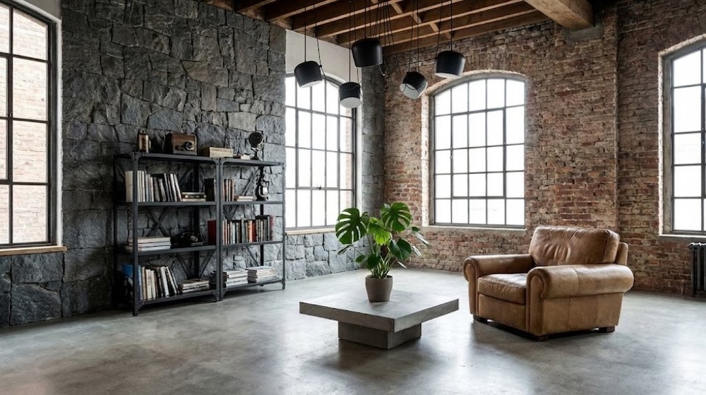 loftowe wnętrze z kamieniem na ścianie surowy loftowy salon z kamieniem na ścianie