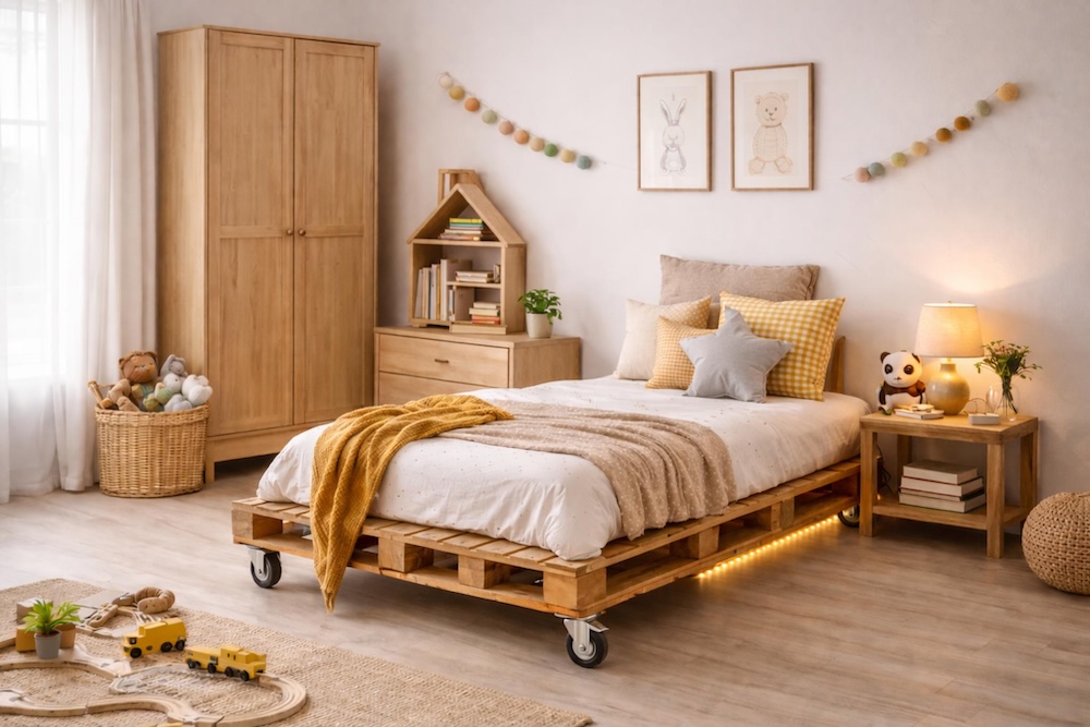 łóżko z palet - inspiracje z kółkami 