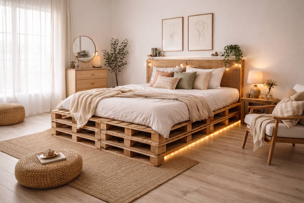 łóżko z palet - inspiracje z kilkoma paletami 