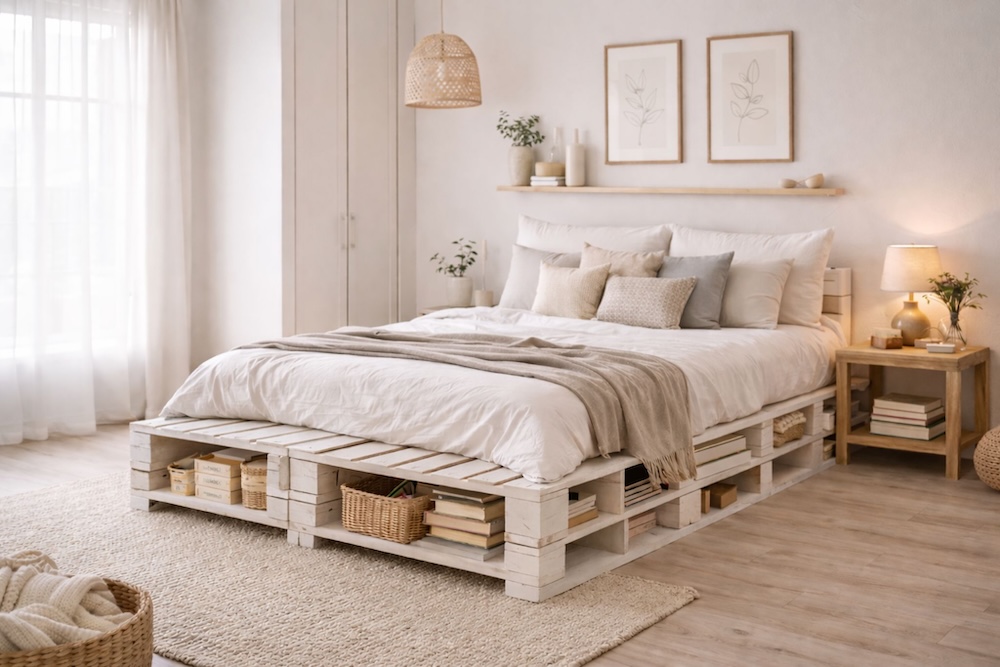 łóżko z palet - inspiracje ze schowkami 