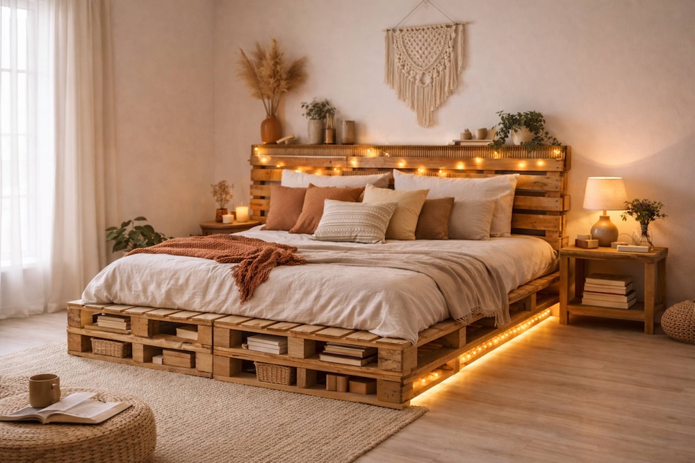 łóżko z palet - inspiracje z światłem led 