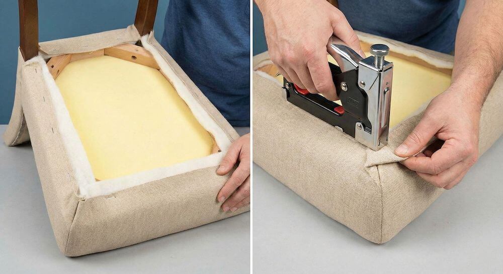 Renowacja krzesła - naciąganie tkaniny na siedzisko