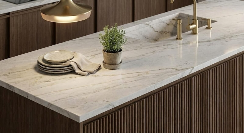 marmurowy blat na wyspie kuchennej