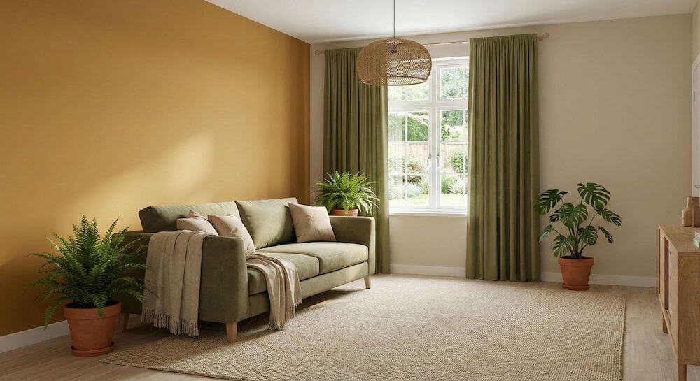 Kolor ochra w zestawieniu z oliwką i beżem 