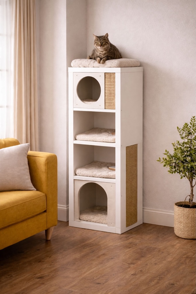 pionowy regał kallax przerobiony na domek dla kota 