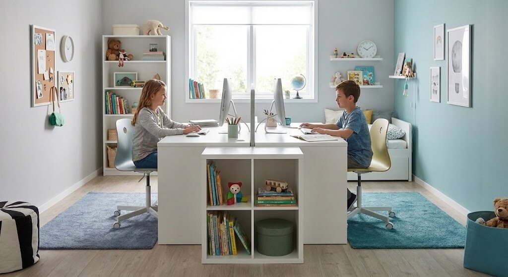 jak podzielić pokój na dwa dla dzieci z wykorzystaniem dwóch biurek