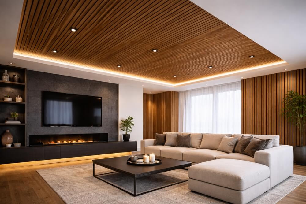 pomysł na sufit z wykorzystaniem drewna pomysł na sufit z dodatkiem drewna