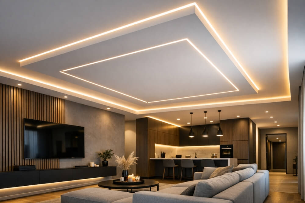 pomysł na sufit wykorzystujący oświetlenie led pomysł na sufit z oświetleniem led