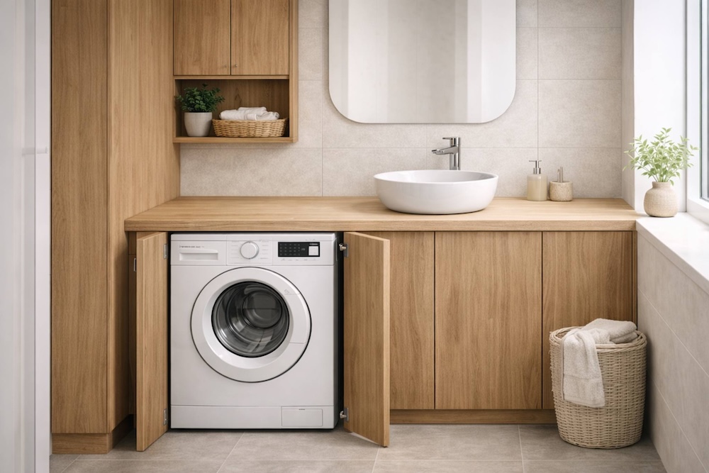 pralka pod blatem w łazience ukryta w szafce 