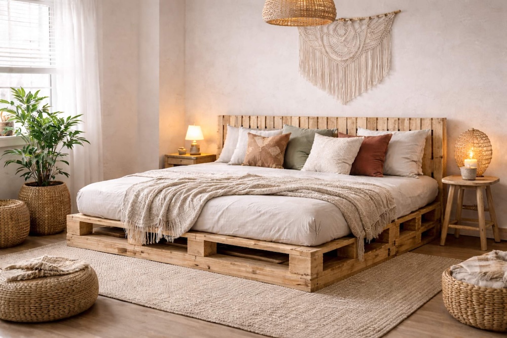 sypialnia boho z łóżkiem z palet 