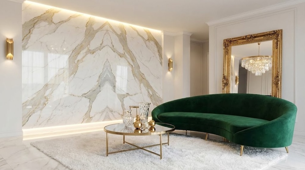 salon glamour z marmurem na ścianie salon glamour z marmurem na ścianie i zieloną sofą