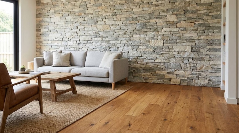 salon z kamieniem na ścianie i drewnem na podłodze salon z drewnianą podłogą i kamienną ścianą