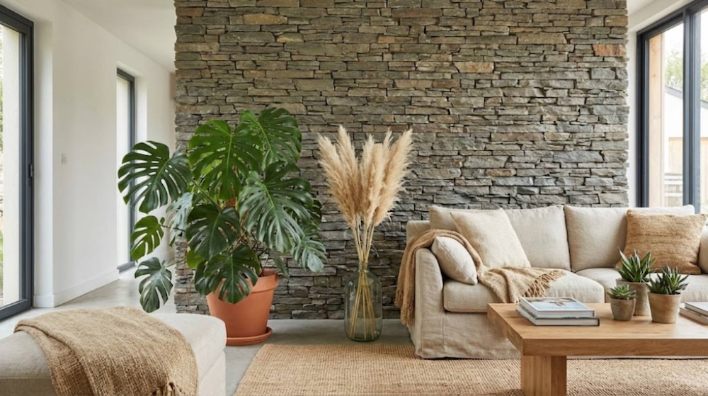 salon z kremowymi meblami i szarym kamieniem salon z jasnymi meblami i kamieniem na ścianie