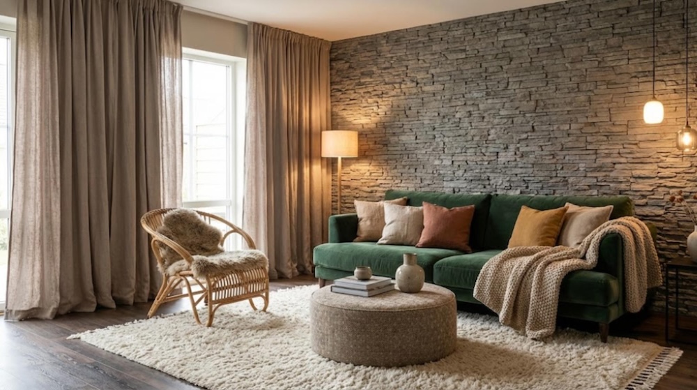 salon z szarym kamieniem za zieloną kanapą salon z kamieniem za zieloną sofą
