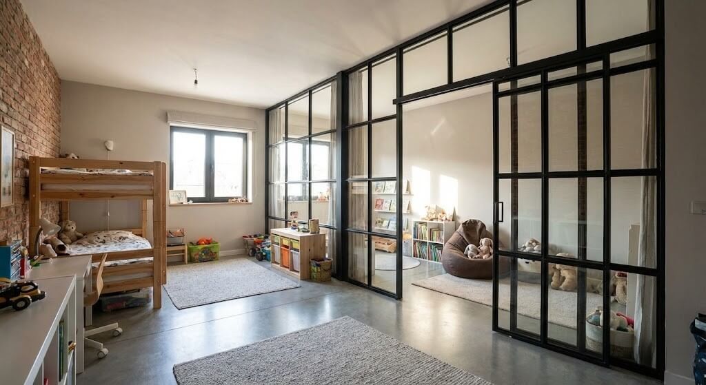 szkło hartowane jako ściana w pokoju rodzeństwa