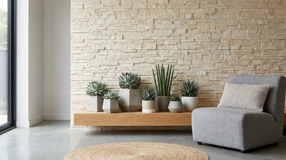 nowoczesne wnętrze z kamieniem i roślinami minimalistyczne wnętrze ze ścianą z kamienia i roślinami