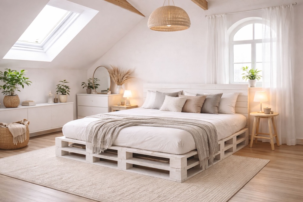 jasna skandynawska sypialnia z łóżkiem pod oknem 