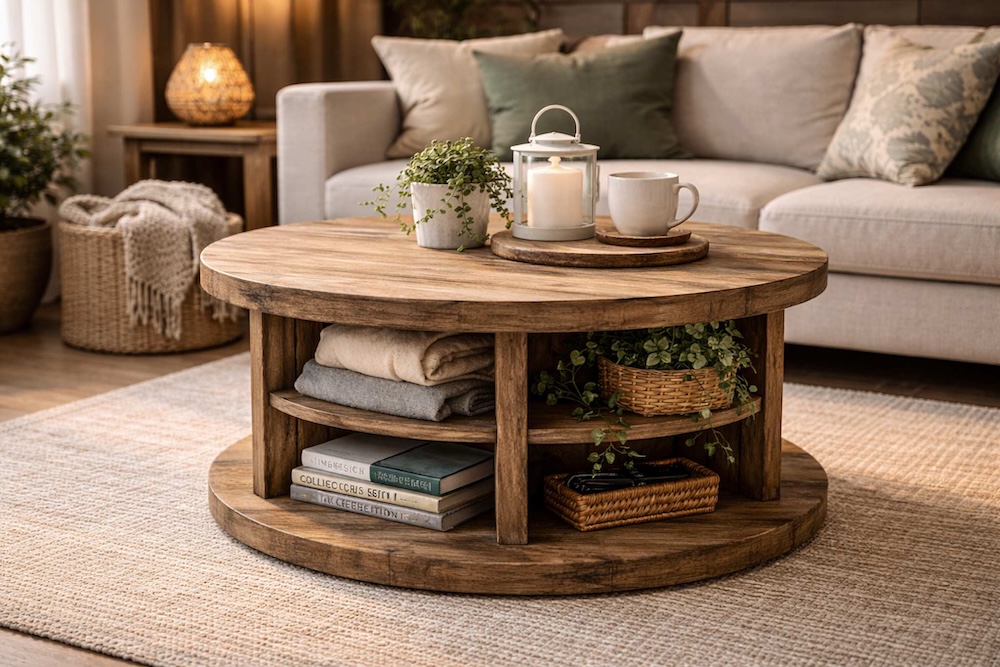 stolik zrobiony ze szpuli w salonie 