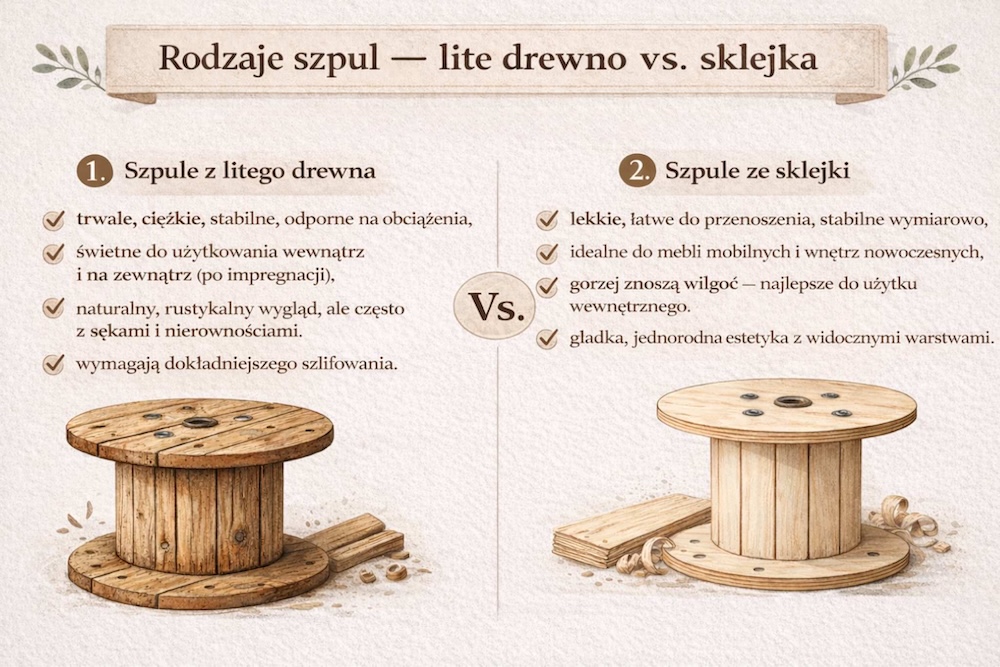 stolik ze szpuli - porównanie drewna 