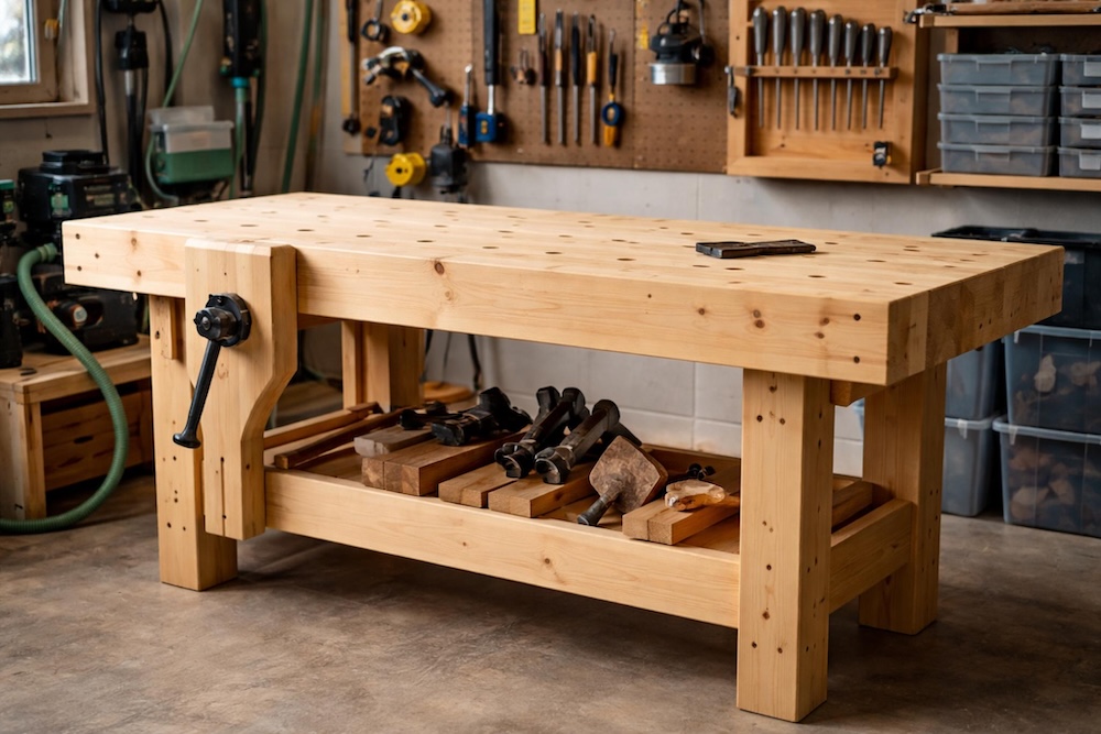 stół stolarski z grubego drewna 