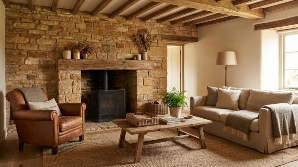 rustykalny salon z kamienną ścianą i kominkiem rustykalny salon z kamieniem wokół kominka