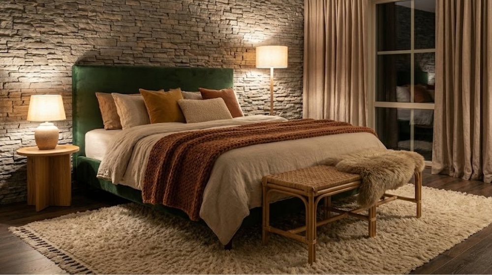 sypialnia z kamienną ścianą za zagłówkiem sypialnia z kamienną ścianą za łóżkiem