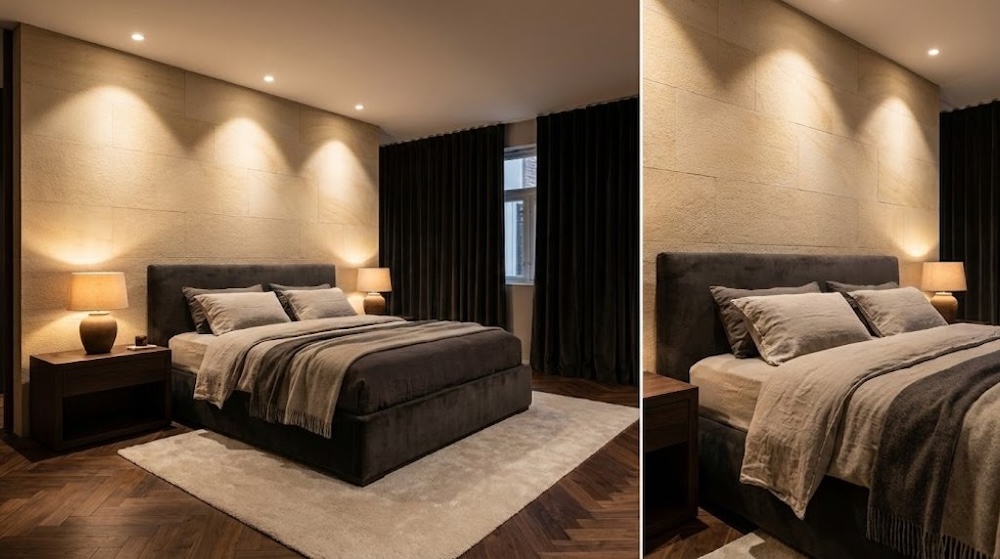 sypialnia z ciemnymi meblami i jasnym kamieniem ciemna sypialnia z kamiennymi płytami na ścianie