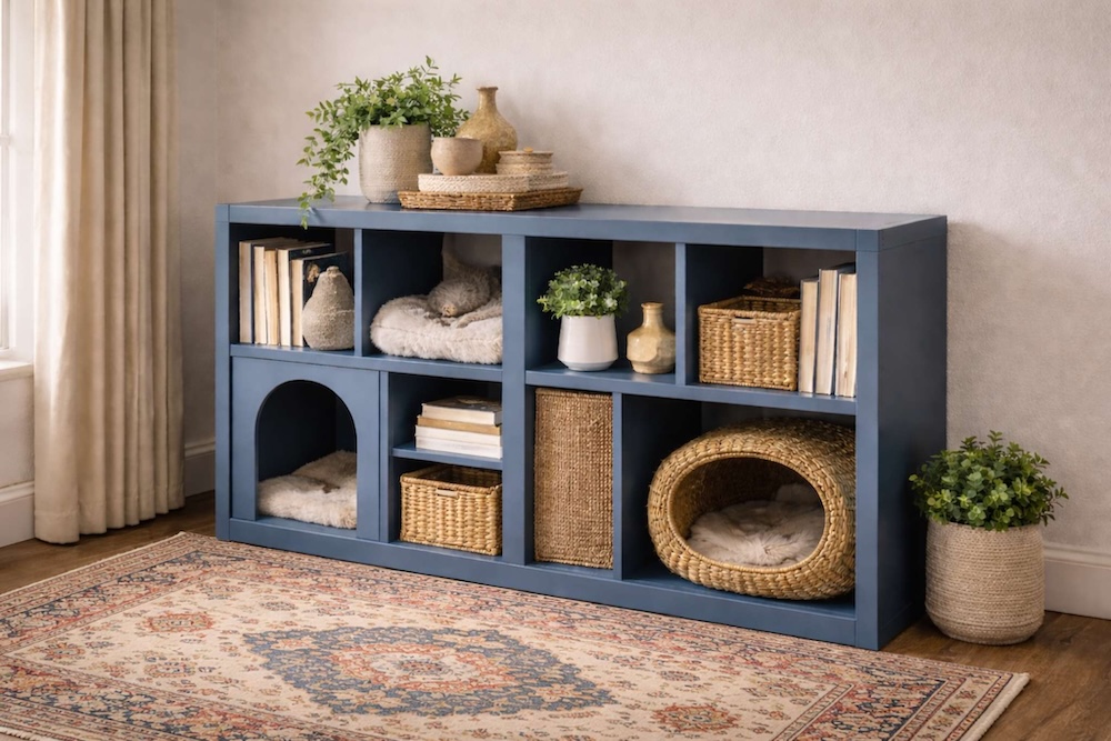 szafka kallax z kryjówkami dla kotów 