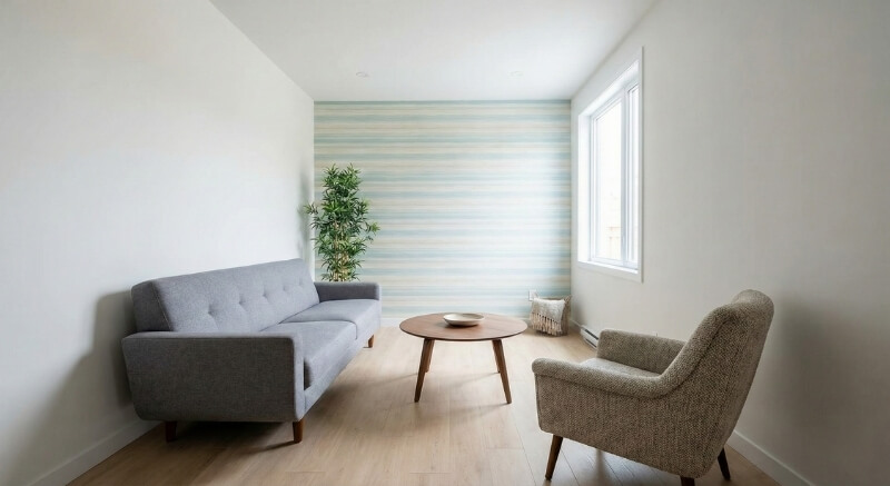 tapeta w paski na jednej ścianie salonu