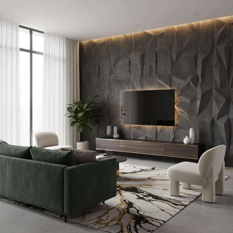 tapeta w salonie na jednej ścianie z telewizorem w postaci strukturalnej
