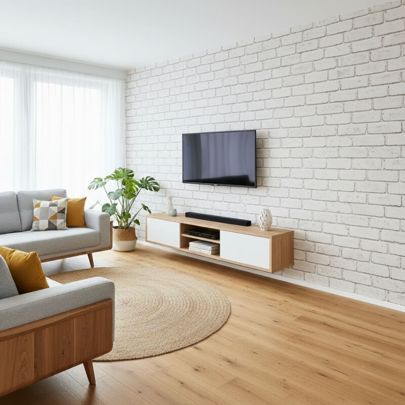 tapeta w salonie na jednej ścianie z telewizorem z białą cegłą