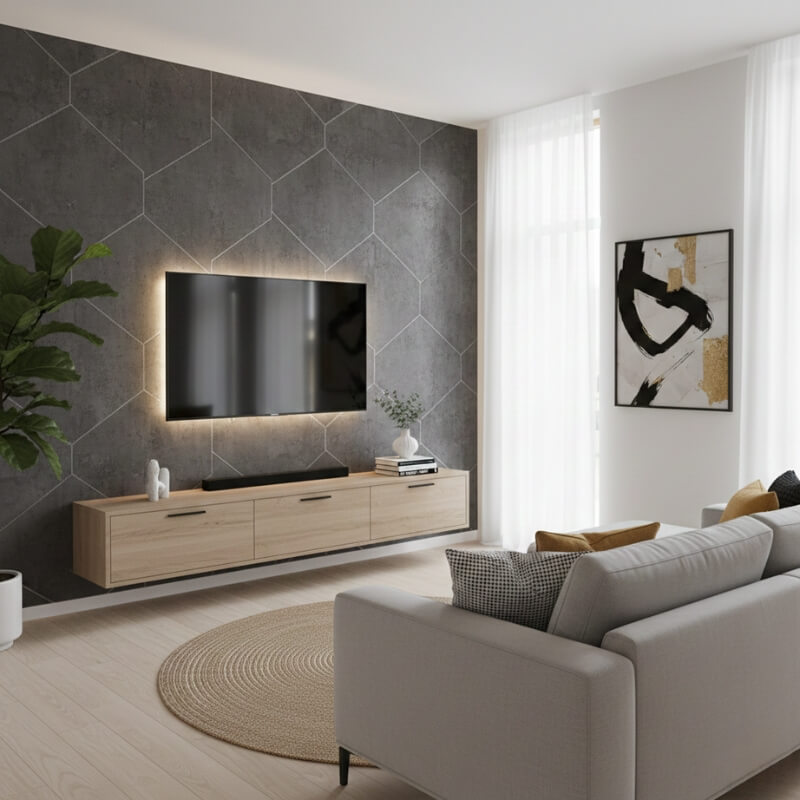 tapeta w salonie na jednej ścianie z telewizorem z geometrycznym akcentem