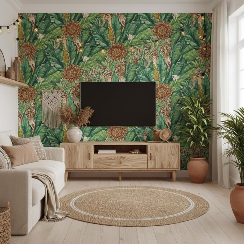 tapeta za telewizorem w stylu boho