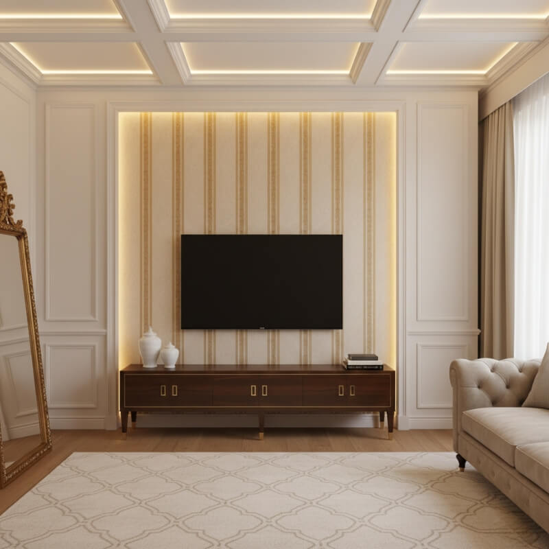 tapeta za telewizorem w stylu klasycznym