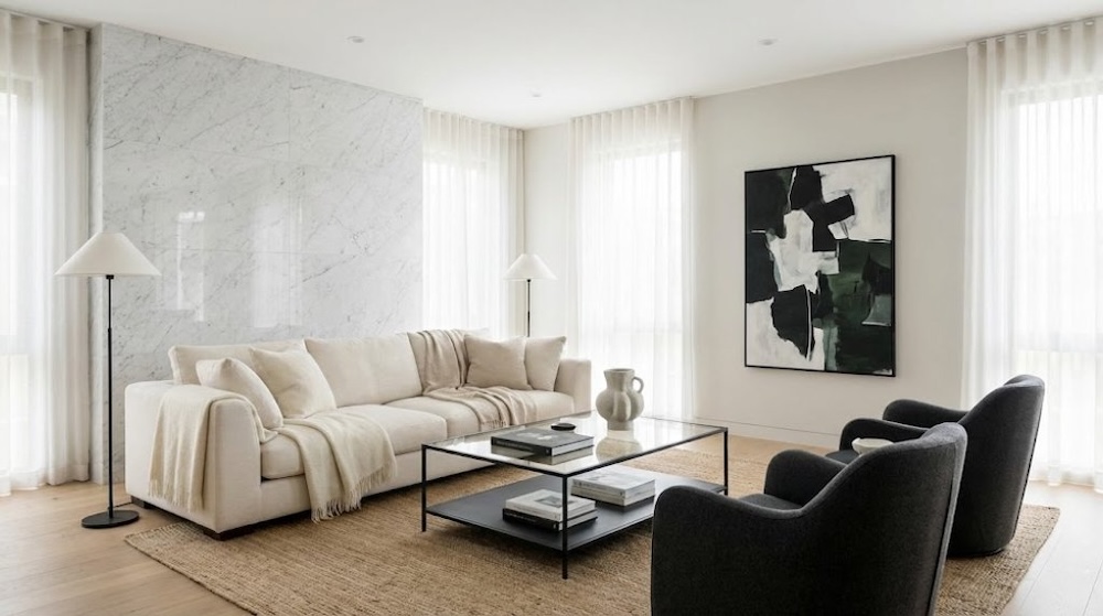 z czym połączyć kamień na ścianie w czarno-białym salonie z czym połączyć kamień na ścianie w minimalistycznym salonie