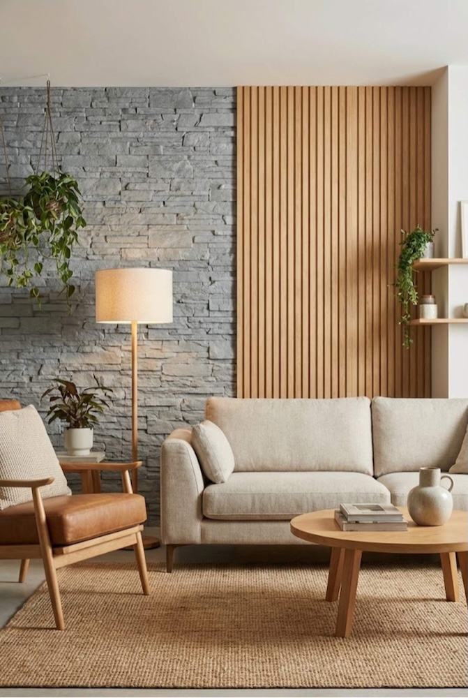 z czym połączyć kamień na ścianie - drewniane lamele z czym połączyć kamień na ścianie - drewniane deski