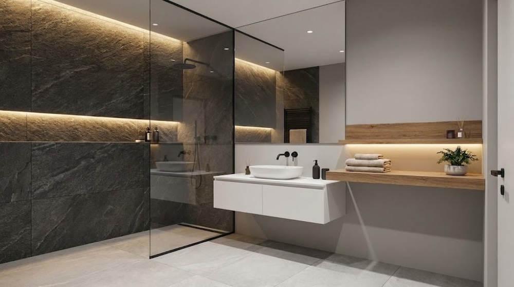 z czym połączyć kamień na ścianie w kabinie prysznicowej z czym połączyć kamień na ścianie pod prysznicem