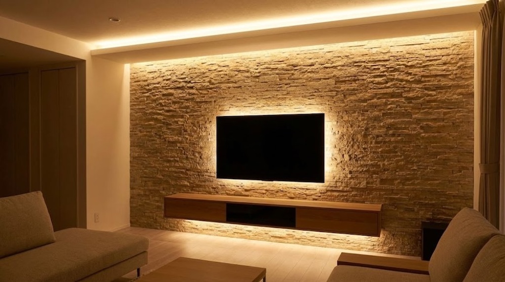 z czym połączyć kamień na ścianie z wiszącym telewizorem z czym połączyć kamień na ścianie telewizyjnej z led