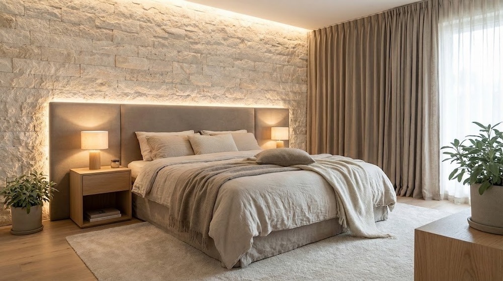 z czym połączyć kamień na ścianie z łóżkiem z czym połączyć kamień na ścianie za łóżkiem