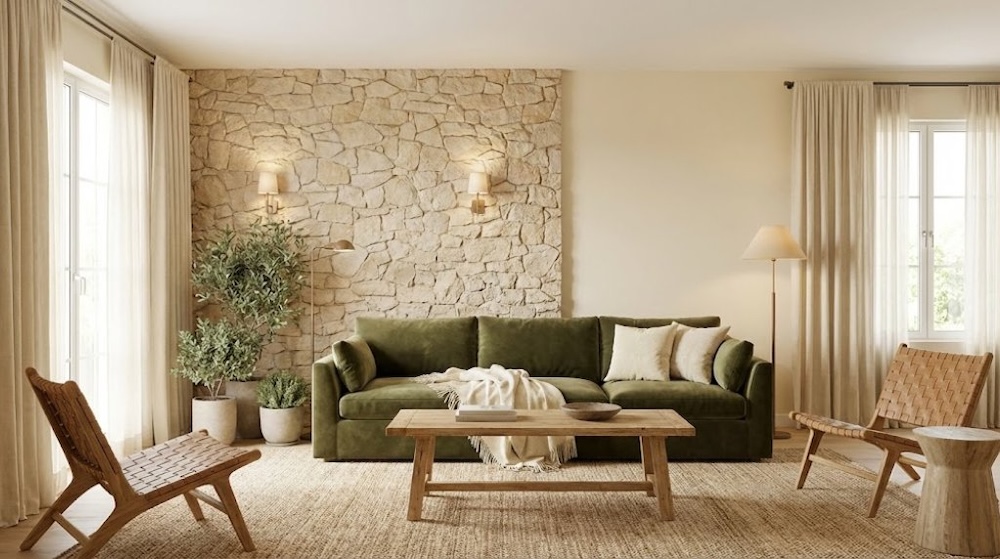 z czym połączyć kamień na ścianie - zielona sofa z czym połączyć kamień na ścianie - oliwkowa sofa