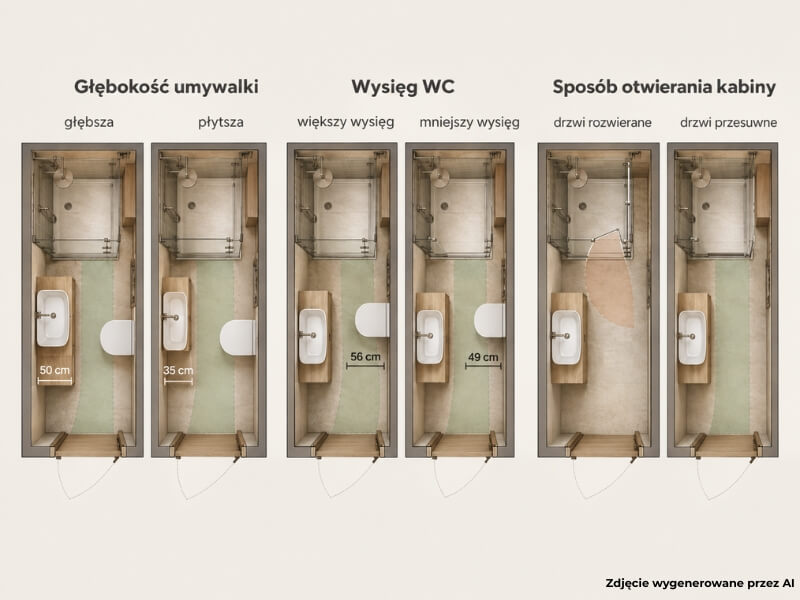 porównanie głębokości urządzeń w małym wnętrzu łazienka 3m2 – projekty pokazujące wpływ wymiarów wyposażenia na przejście