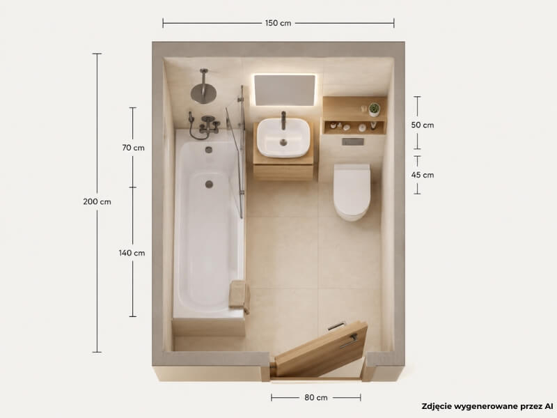 łazienka 3m2 – projekty z wanną ustawioną wzdłuż ściany rzut małej łazienki z wanną umywalką i wc